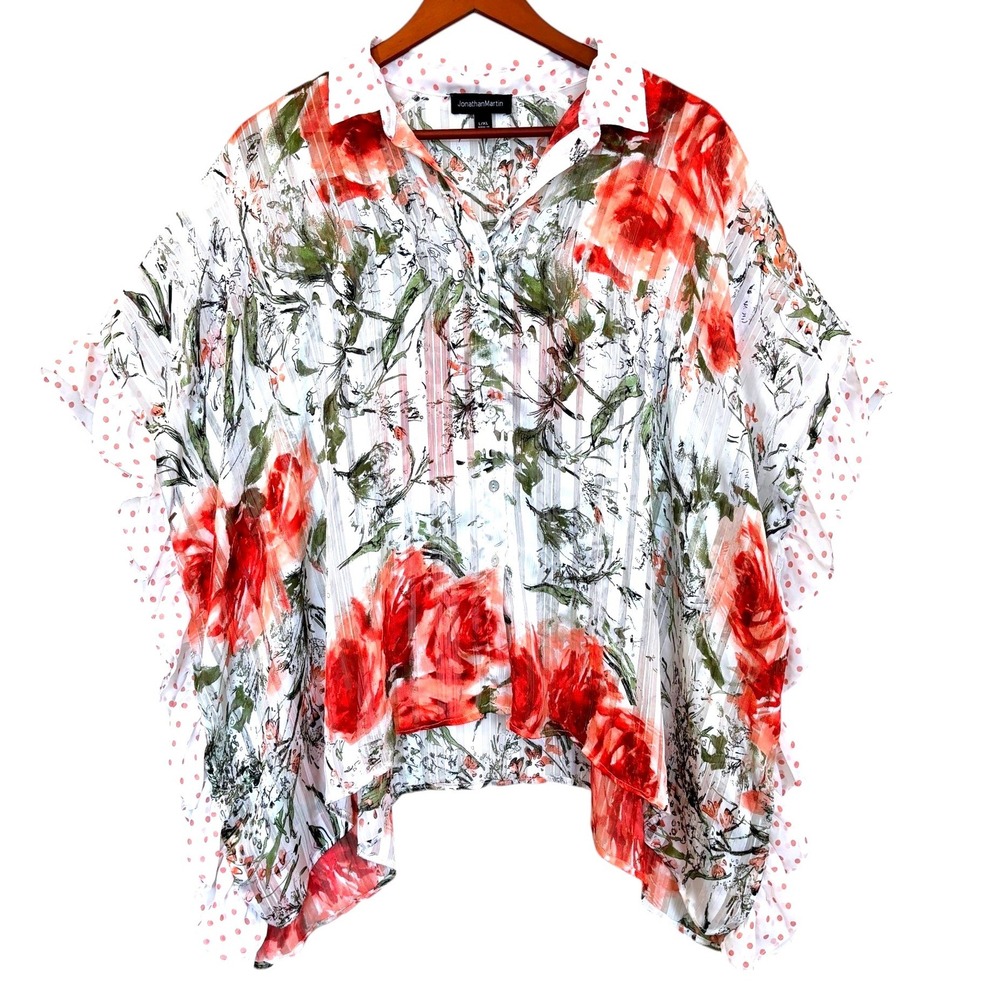 Jonathan Martin Floral PolkaDot Poncho Blouse L/XL Sheer Ruffle Artsy Boho Artsy